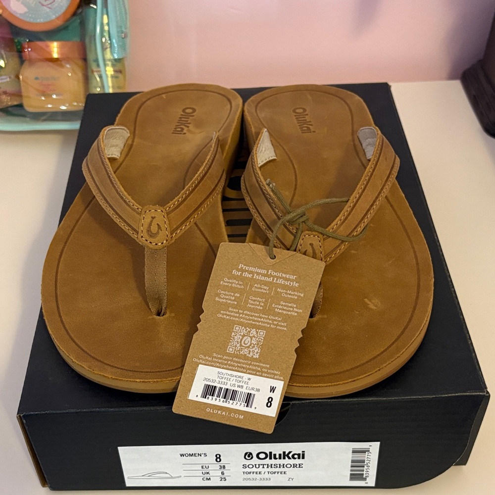 OluKai south shore Toffee Leather Flip-Flops